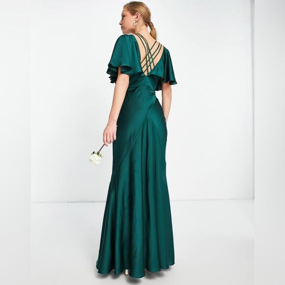 $160 ASOS DESIGN Bridesmaid satin flutter sleeve maxi dress strap details forest - Picture 2 of 11